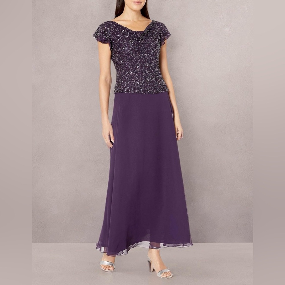 J Kara Womens Long Beaded Cowl Neck Flutter Sleeve Gown Dress